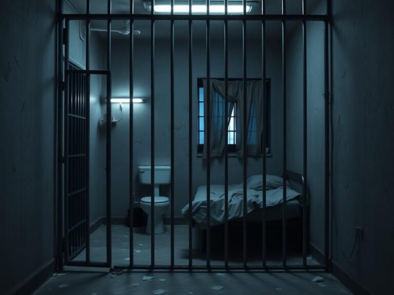 Flick International Dimly lit jail cell with metal bars symbolizing confinement of Tyler Robinson