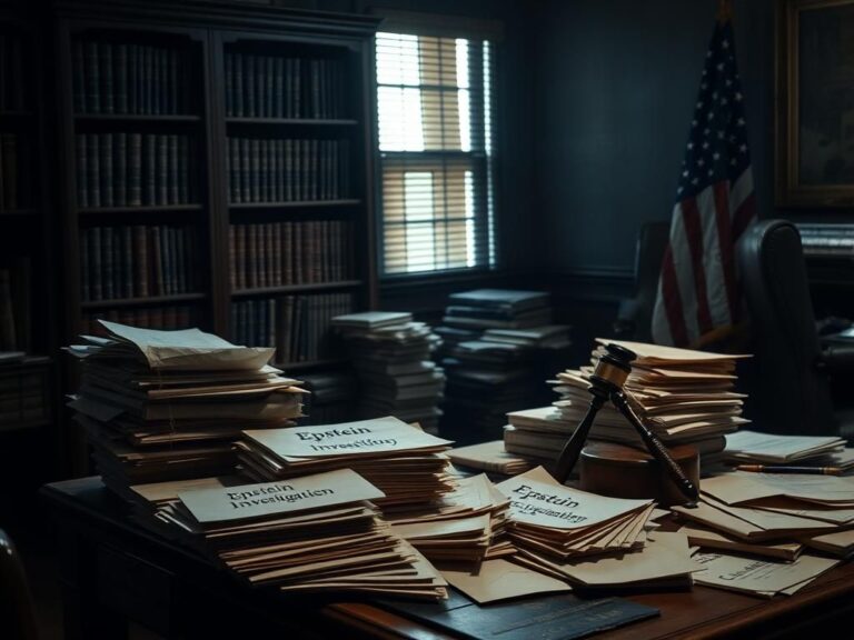 Flick International Dimly lit legal office with documents labeled 'Epstein Investigation'