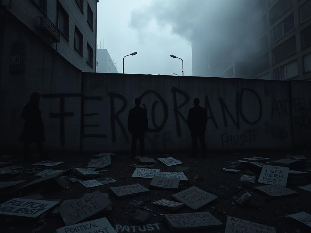 Flick International Urban scene with graffiti depicting the word 'TERROR' highlighting themes of domestic terrorism