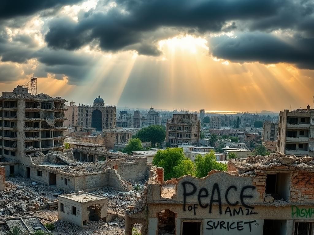 Flick International Aerial view of a war-torn urban landscape in Syria showing crumbling buildings and signs of reconstruction.