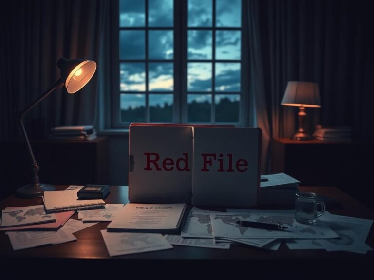 Flick International empty desk in a dimly lit office with a 'Red File' folder, symbolizing political contingency planning