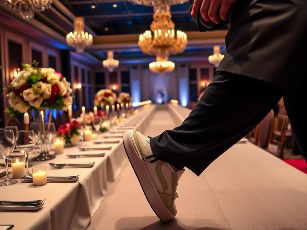 Flick International Stylish gala dinner setting featuring floral centerpieces and a pair of sneakers peeking from a tailored suit