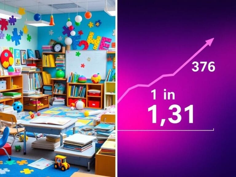 Flick International A split image contrasting a vibrant classroom for children with autism and a graph depicting the rise in diagnoses.