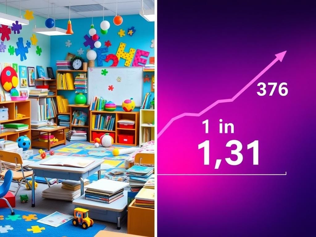 Flick International A split image contrasting a vibrant classroom for children with autism and a graph depicting the rise in diagnoses.