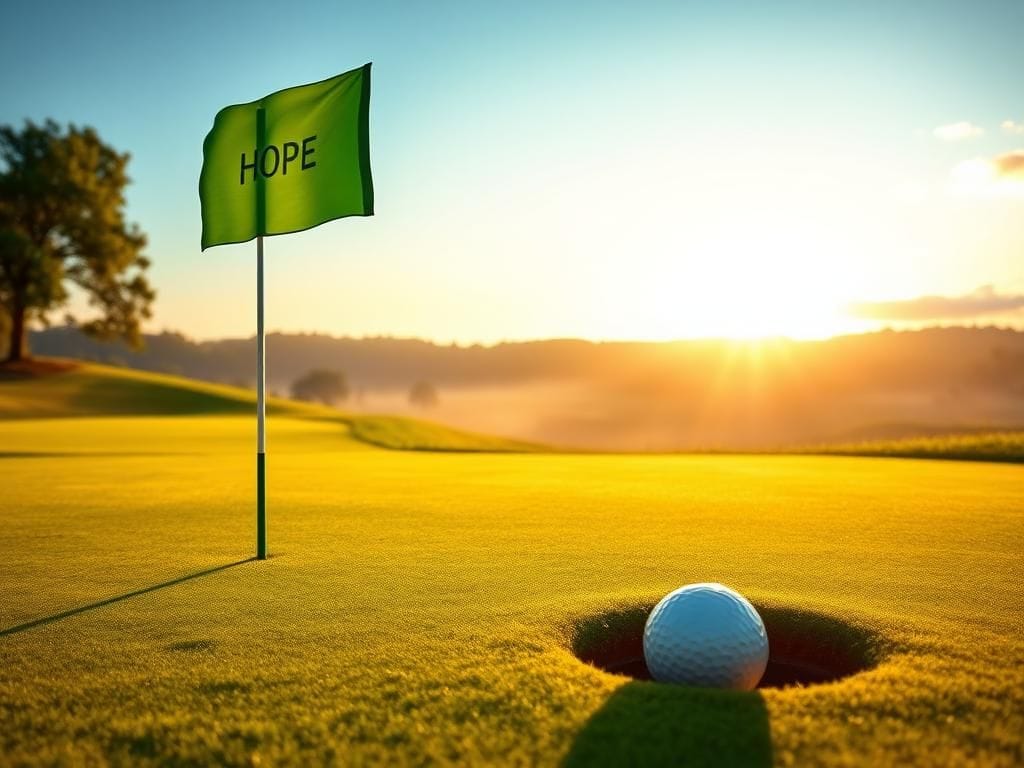 Flick International A serene golf course at dawn with a lush green and fluttering flag