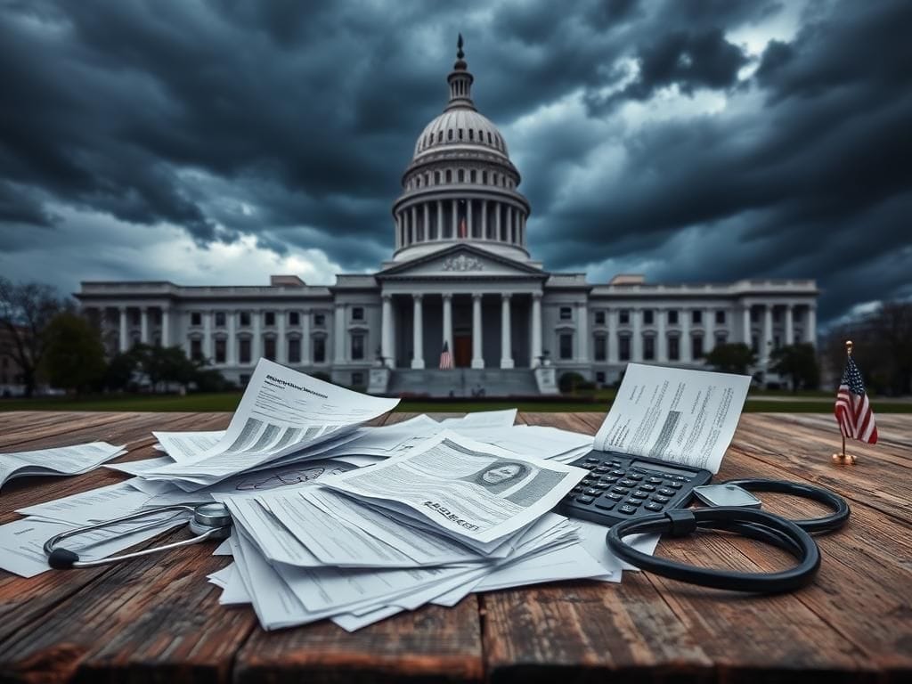 Flick International Large state capitol building with stormy skies in the background, symbolizing political tension and healthcare concerns regarding Medicaid costs