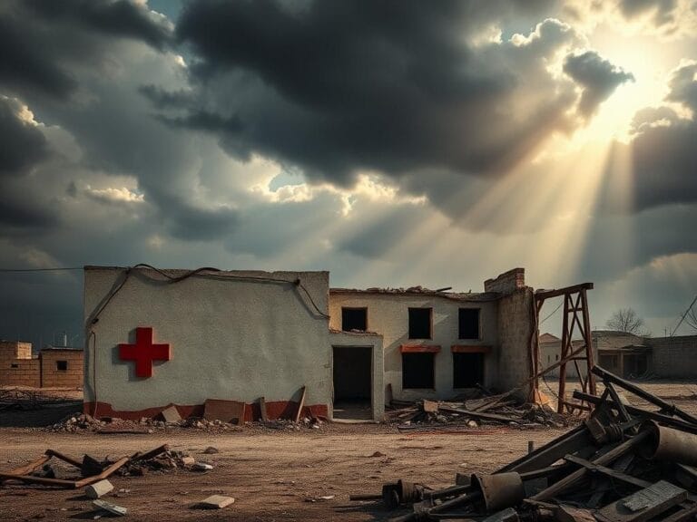 Flick International Abandoned school building with humanitarian symbols amidst war debris