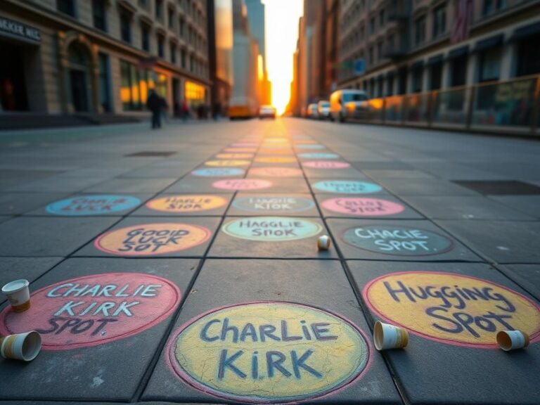 Flick International Colorful chalk circles on a NYC sidewalk honoring Charlie Kirk