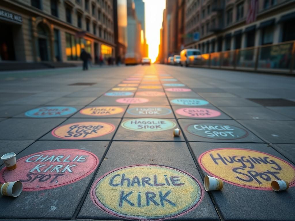 Flick International Colorful chalk circles on a NYC sidewalk honoring Charlie Kirk