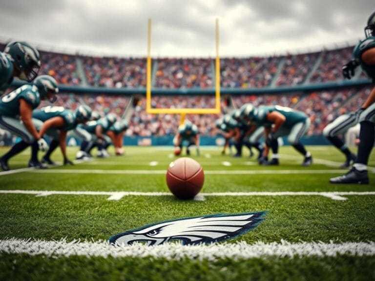 Flick International Close-up view of a football field with players huddled at the line of scrimmage, poised for the snap