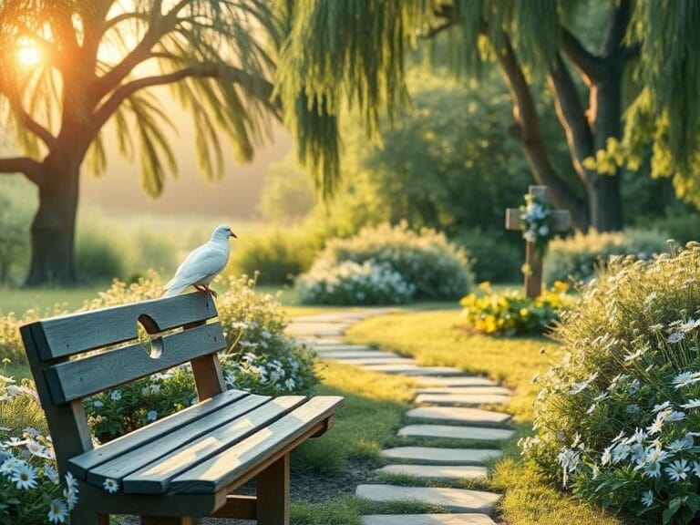 Flick International A serene garden at dawn with a white dove symbolizing peace