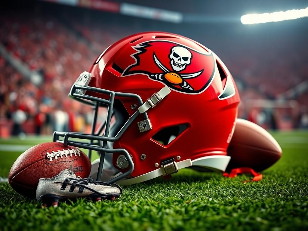 Flick International Close-up of a Tampa Bay Buccaneers football helmet on green turf