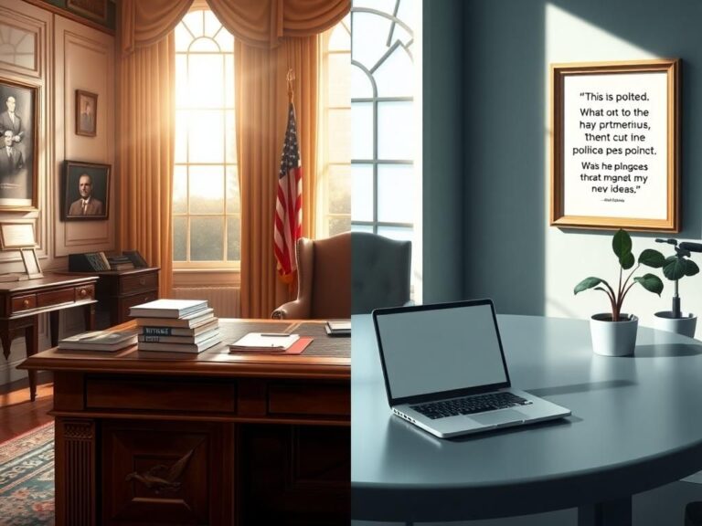 Flick International A split composition of a historic political office and a modern sleek desk representing political decision-making