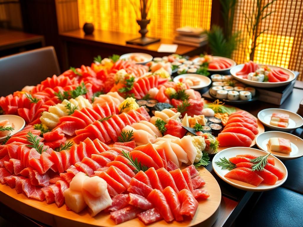 Flick International Vibrant buffet table filled with colorful sashimi and seafood