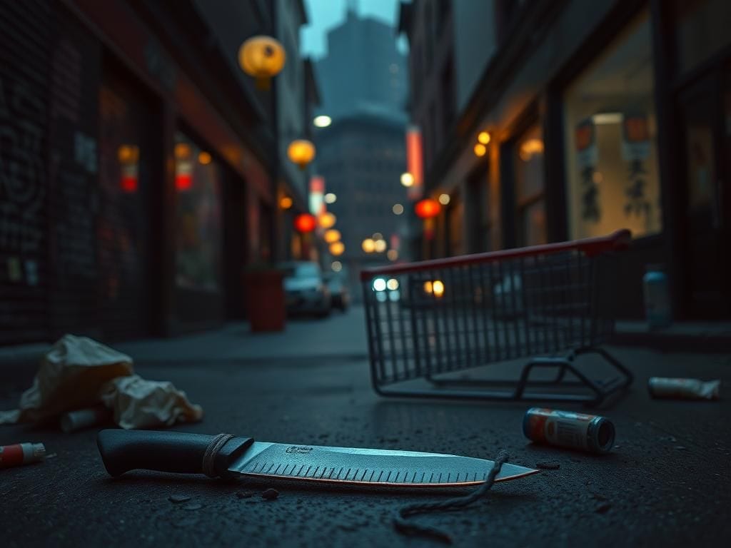 Flick International Dark alley in Seattle's Chinatown-International District with graffiti and a discarded knife