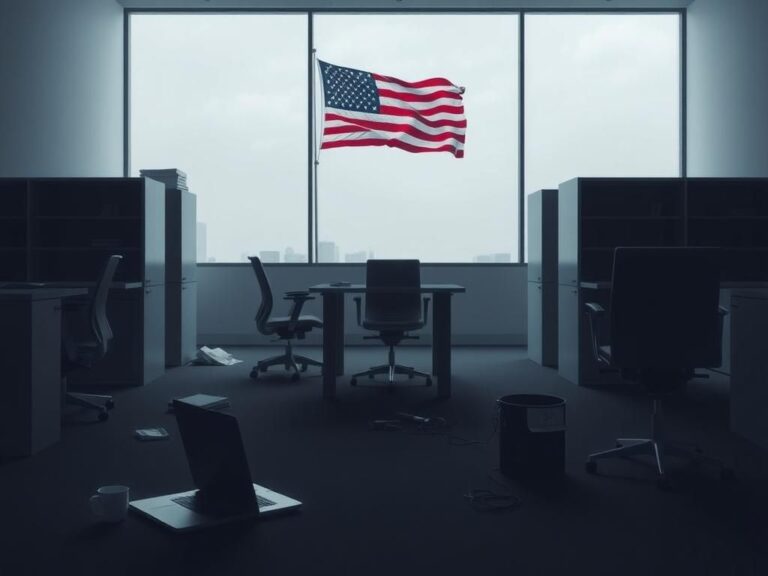 Flick International Empty office space at Voice of America showcasing vacant desks and chairs after government cuts