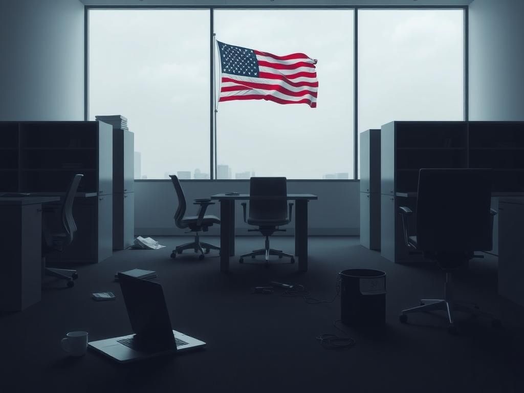 Flick International Empty office space at Voice of America showcasing vacant desks and chairs after government cuts