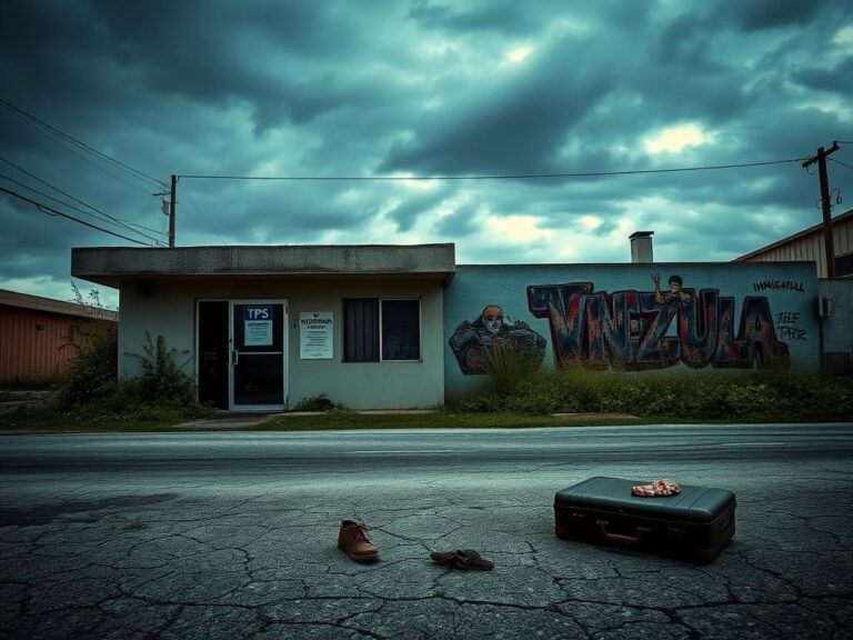 Flick International Abandoned immigration office with 'TPS Termination' notice reflecting struggles of Venezuelan migrants