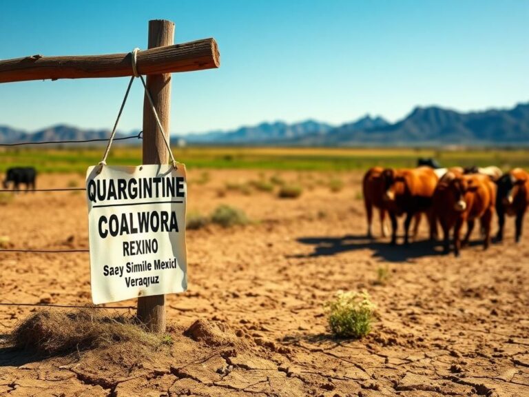 Flick International A desolate cattle ranch in northern Mexico with healthy cattle near a quarantine sign