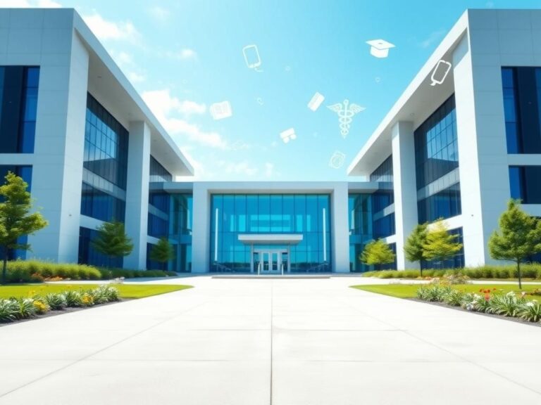 Flick International A serene university campus scene featuring a modern medical school building surrounded by greenery and flowers