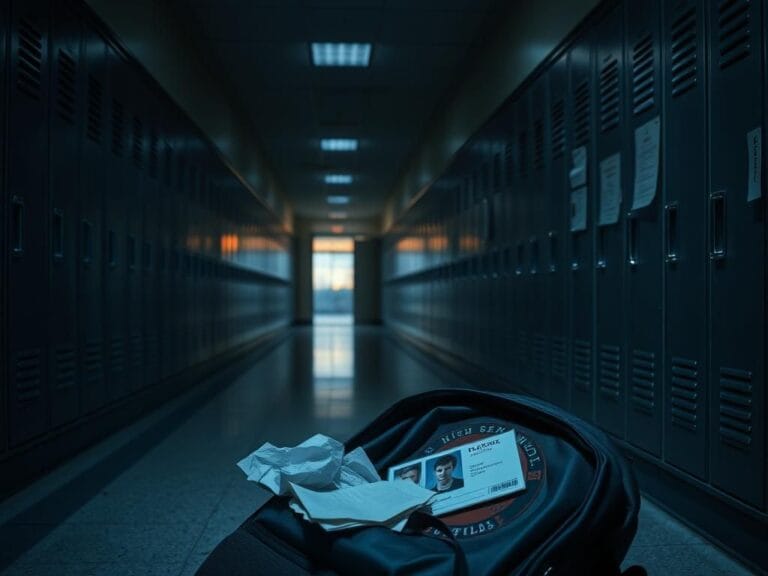 Flick International Dimly lit high school hallway with empty lockers and a discarded backpack