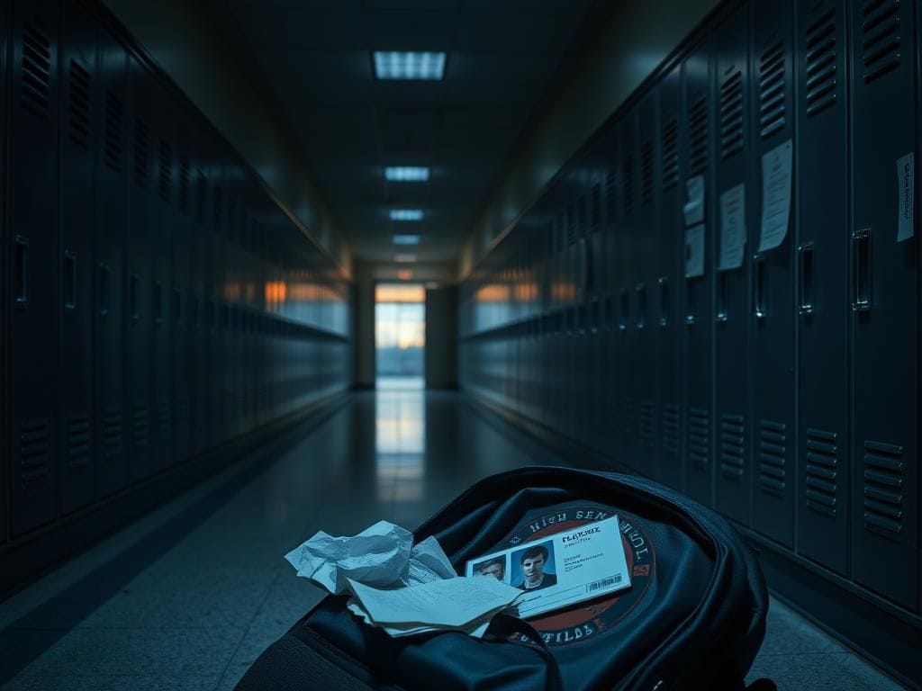 Flick International Dimly lit high school hallway with empty lockers and a discarded backpack