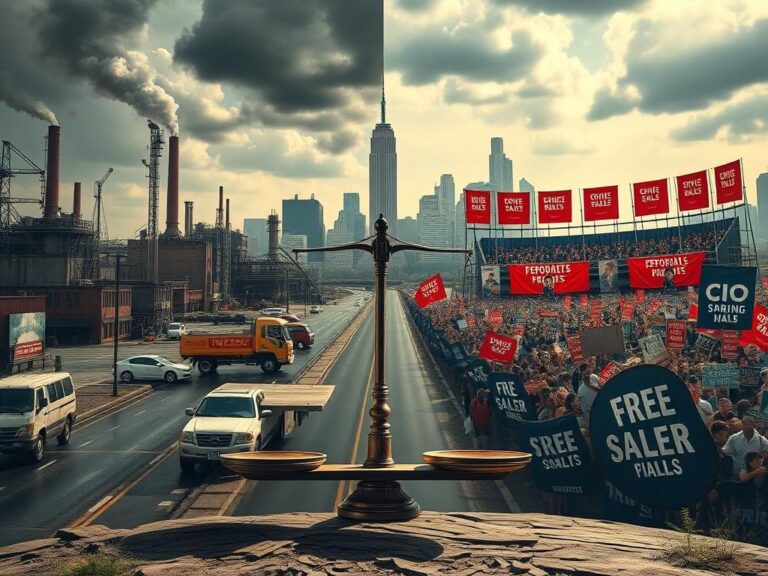 Flick International A split landscape depicting the contrast between struggling working-class neighborhoods and a vibrant political arena.