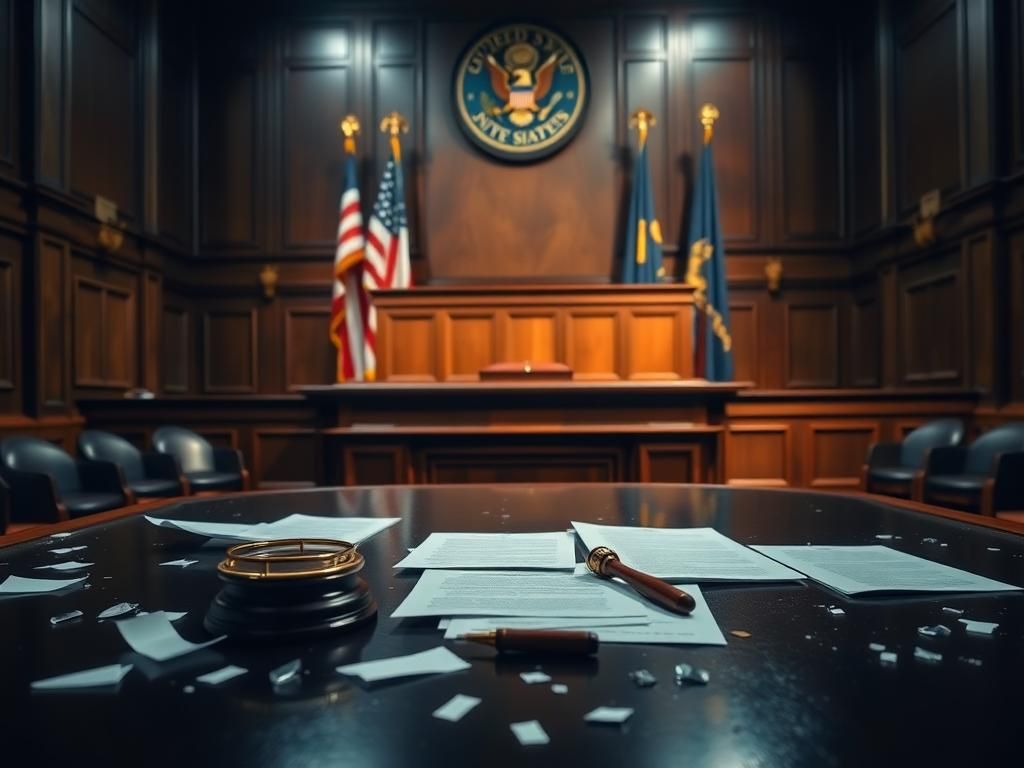 Flick International Dimly lit courtroom interior with a large wooden judge's bench and scattered legal documents representing ongoing legal proceedings