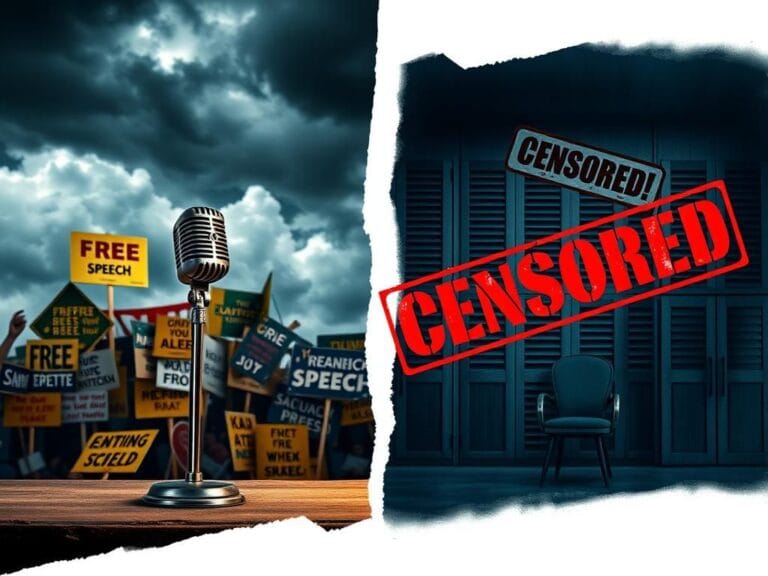 Flick International A split-screen image contrasting free speech with censorship, featuring a vintage microphone and protest signs on one side and a shadowy office with a 'CENSORED' stamp on the other.