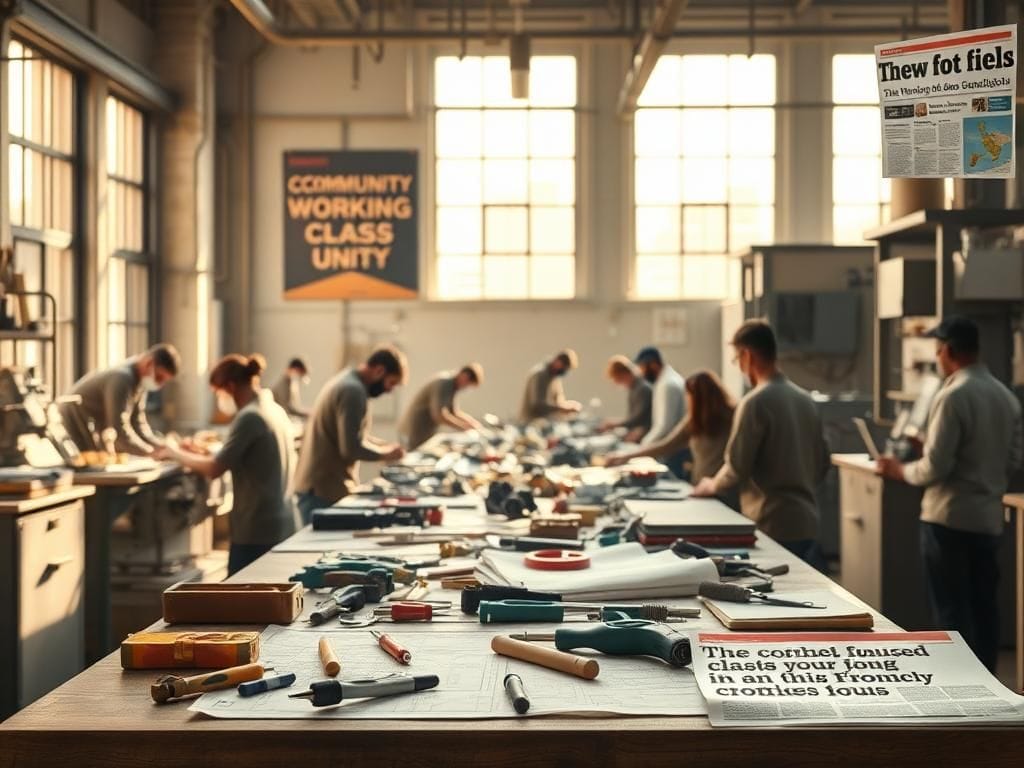 Flick International Urban factory scene showcasing hardworking class workers in action with tools and blueprints