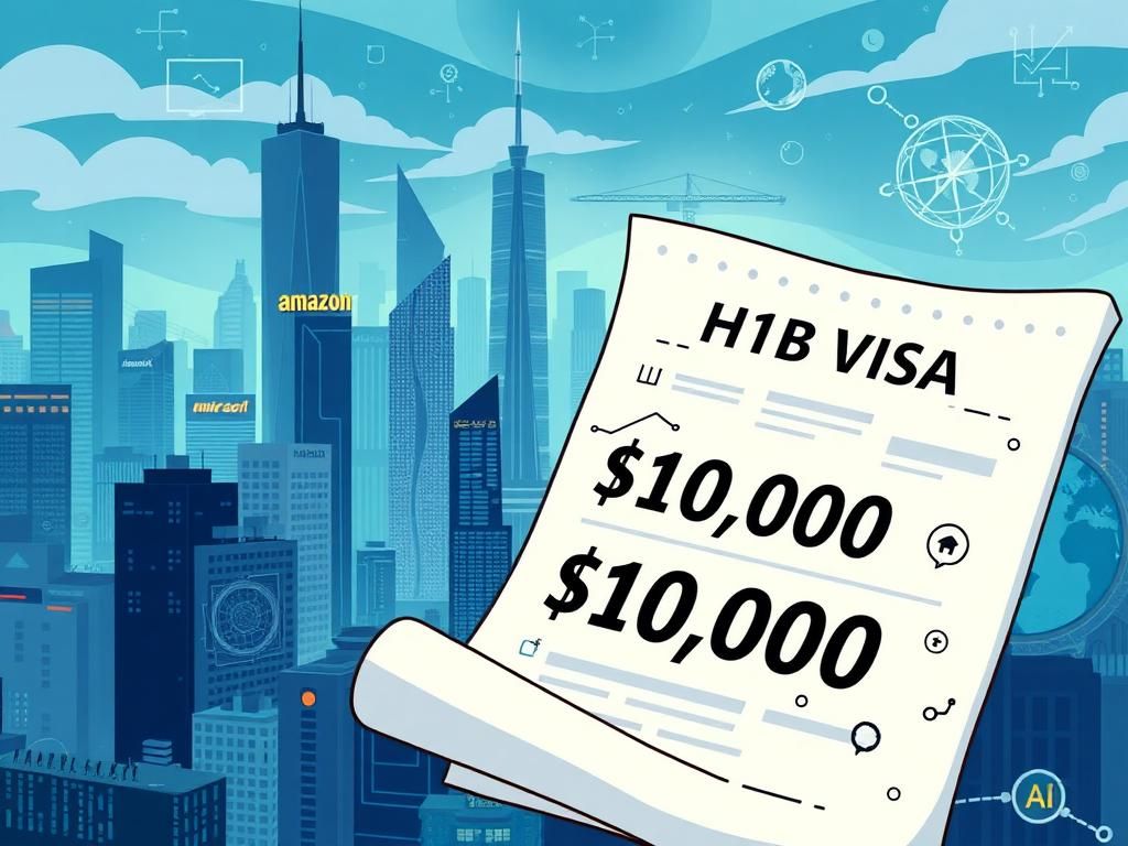 Flick International Digital illustration of a bustling cityscape showcasing tech giants like Amazon and Microsoft with an H-1B visa document featuring a $100K fee.