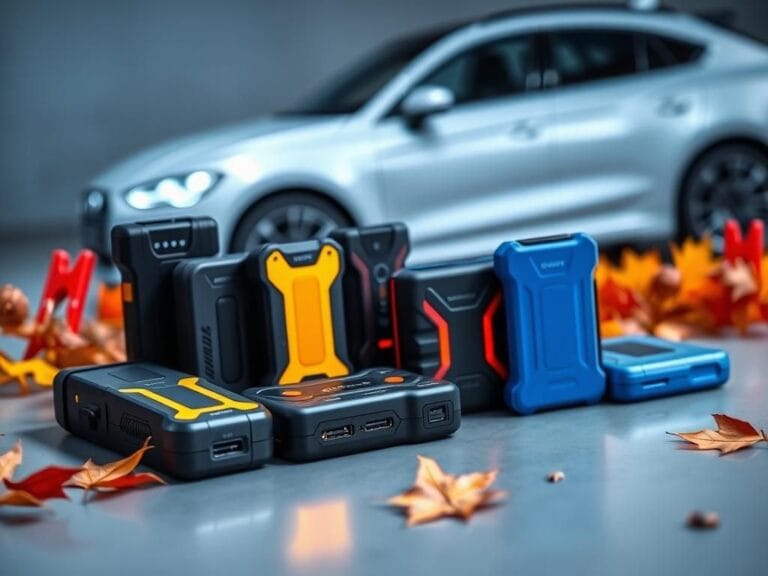 Flick International A close-up of various portable car jump starters displayed on a modern surface surrounded by autumn leaves.