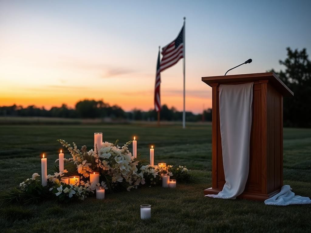 Flick International A serene memorial scene with white flowers and candles illuminating a grassy area at sunset.