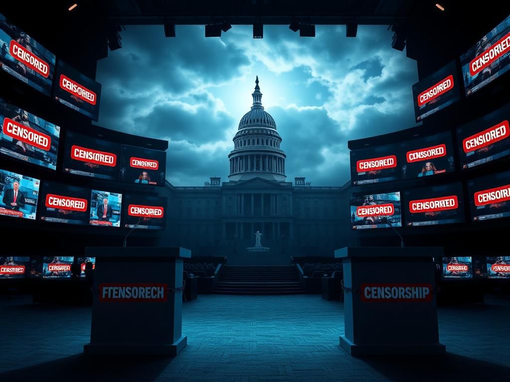 Flick International Dramatic portrayal of censorship with empty podiums labeled 'Free Speech' and 'Censorship' in a dimly lit room filled with screens showing 'CENSORED'