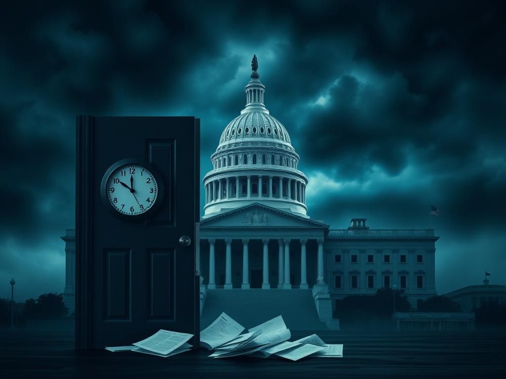 Flick International A somber depiction of the U.S. Capitol building under dark storm clouds, symbolizing political tension.