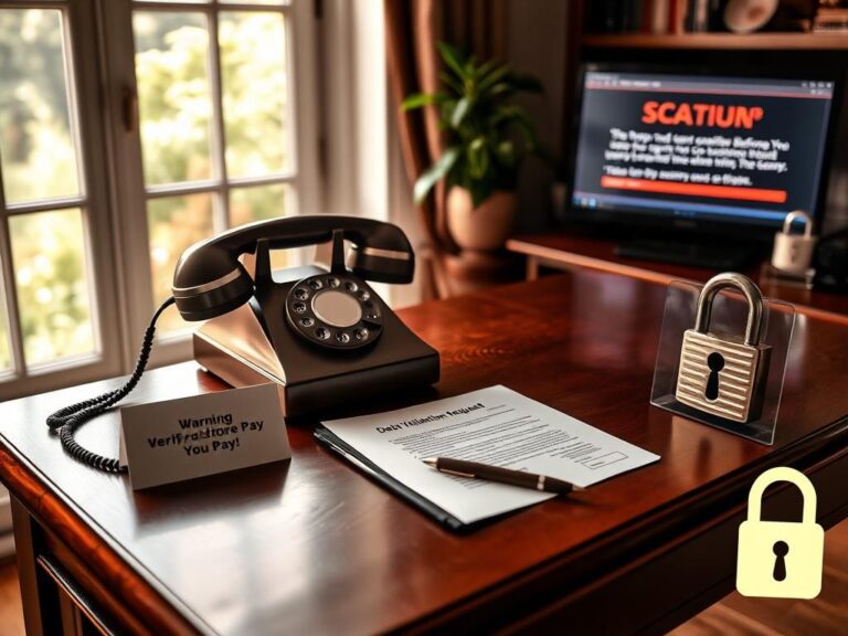 Flick International A serene home office scene featuring an old-fashioned telephone, notepad, and pen, symbolizing peace and security against scams.