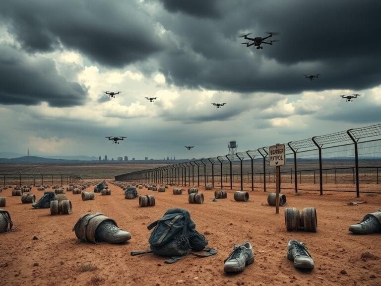 Flick International Barren border landscape with barbed wire and abandoned personal items