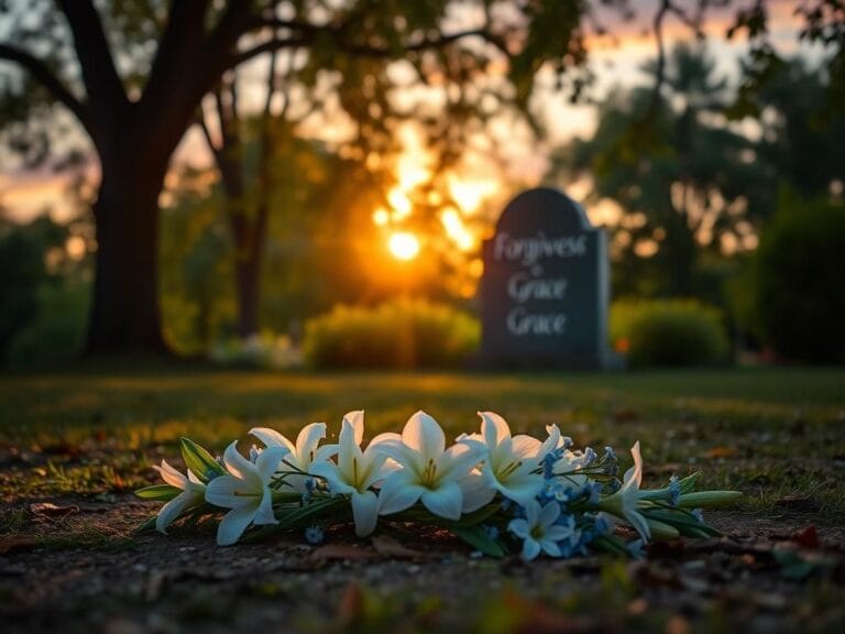 Flick International A serene park scene during sunset featuring white lilies and pale blue forget-me-nots symbolizing forgiveness.