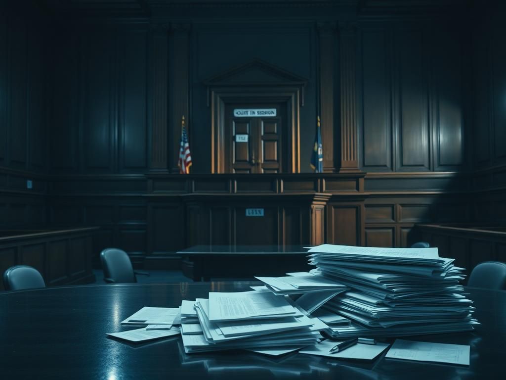 Flick International Somber courtroom scene featuring judge's bench, empty jury box, and legal documents