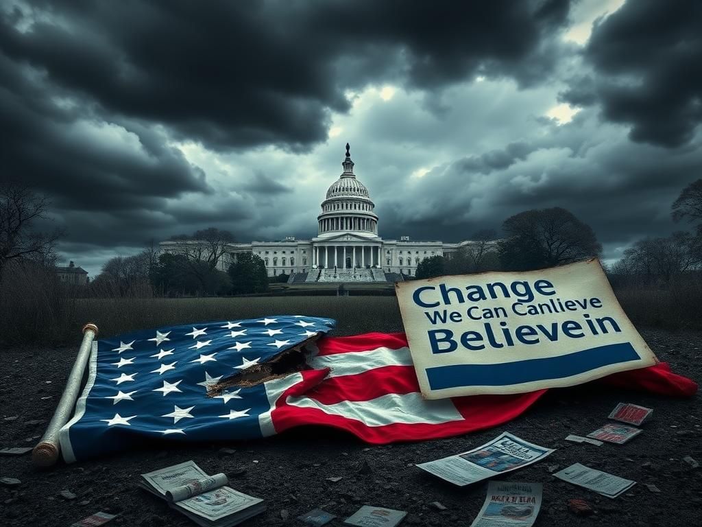 Flick International A broken and cracked red, white, and blue flag lying on the ground, symbolizing a fractured political landscape in America.
