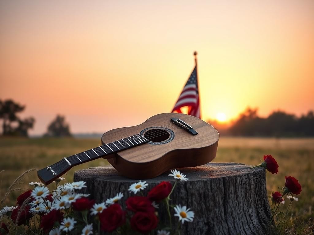 Flick International Weathered wooden guitar resting on a rustic stump surrounded by wildflowers, symbolizing a heartfelt tribute.