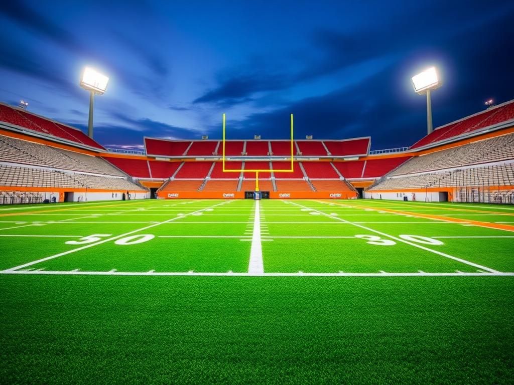 Flick International A vibrant Canadian football field at dusk with goalposts relocated to the back of the end zone, showcasing major rule changes.