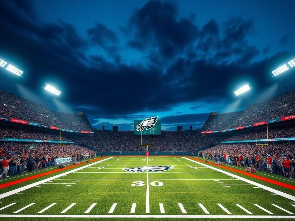 Flick International Stylized view of a football field featuring the Philadelphia Eagles logo amidst a vibrant stadium atmosphere