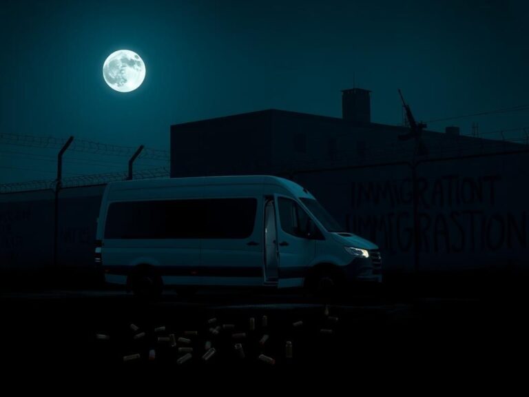 Flick International Nighttime scene of a dark Dallas immigration facility with a transport van and bullet casings