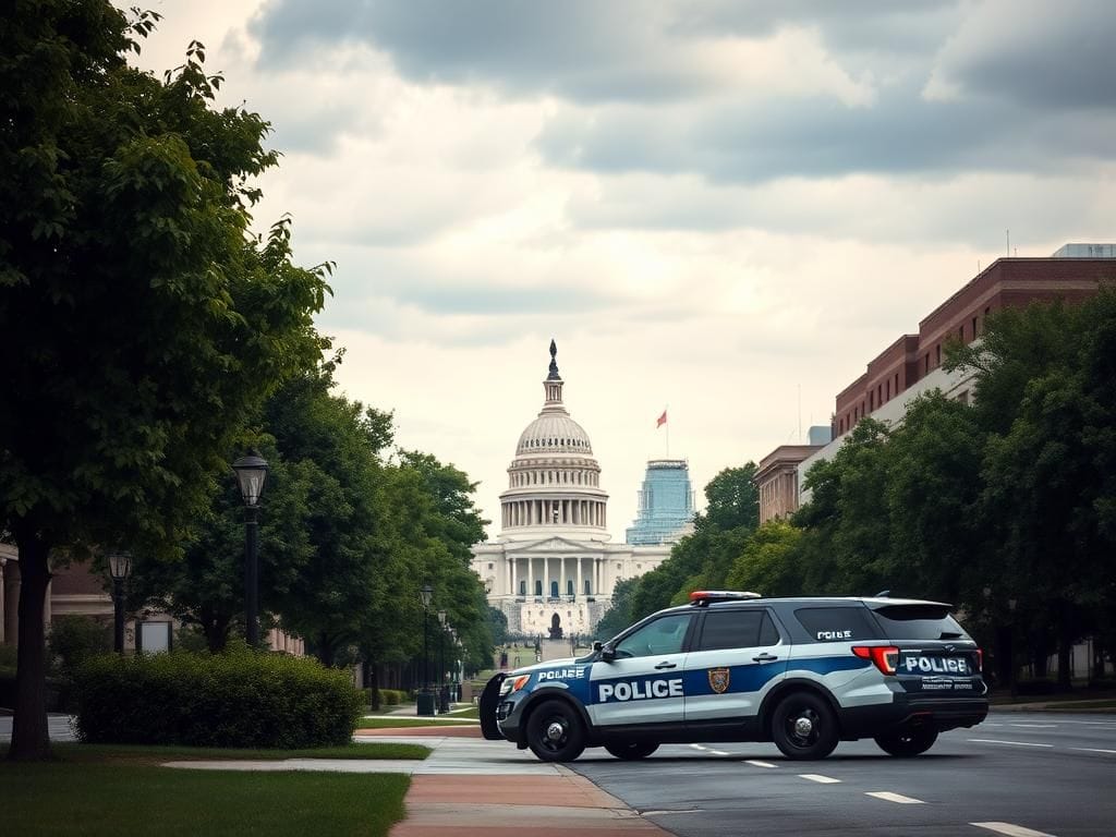 Flick International Urban scene of Washington, D.C. featuring iconic government buildings and a police vehicle