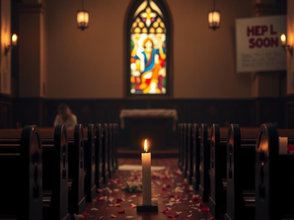 Flick International A serene church interior with cracked stained-glass windows symbolizing hope after tragedy
