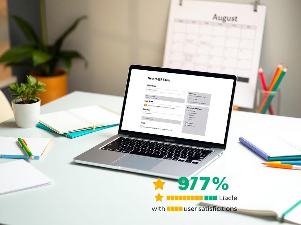 Flick International A clean workspace with a laptop displaying the new FAFSA form, organized notebooks, and colorful pens