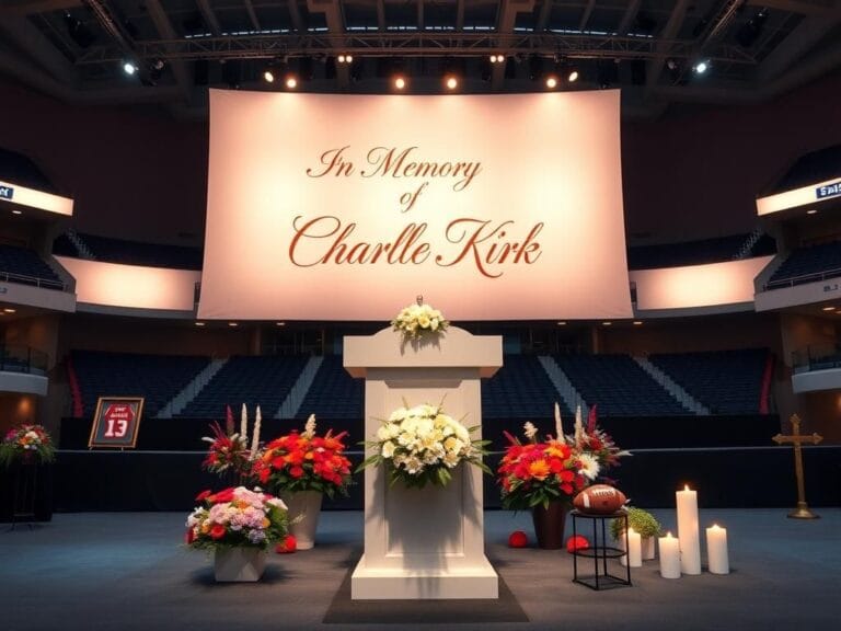 Flick International Expansive view of a memorial setup honoring Charlie Kirk with floral arrangements and tribute banner