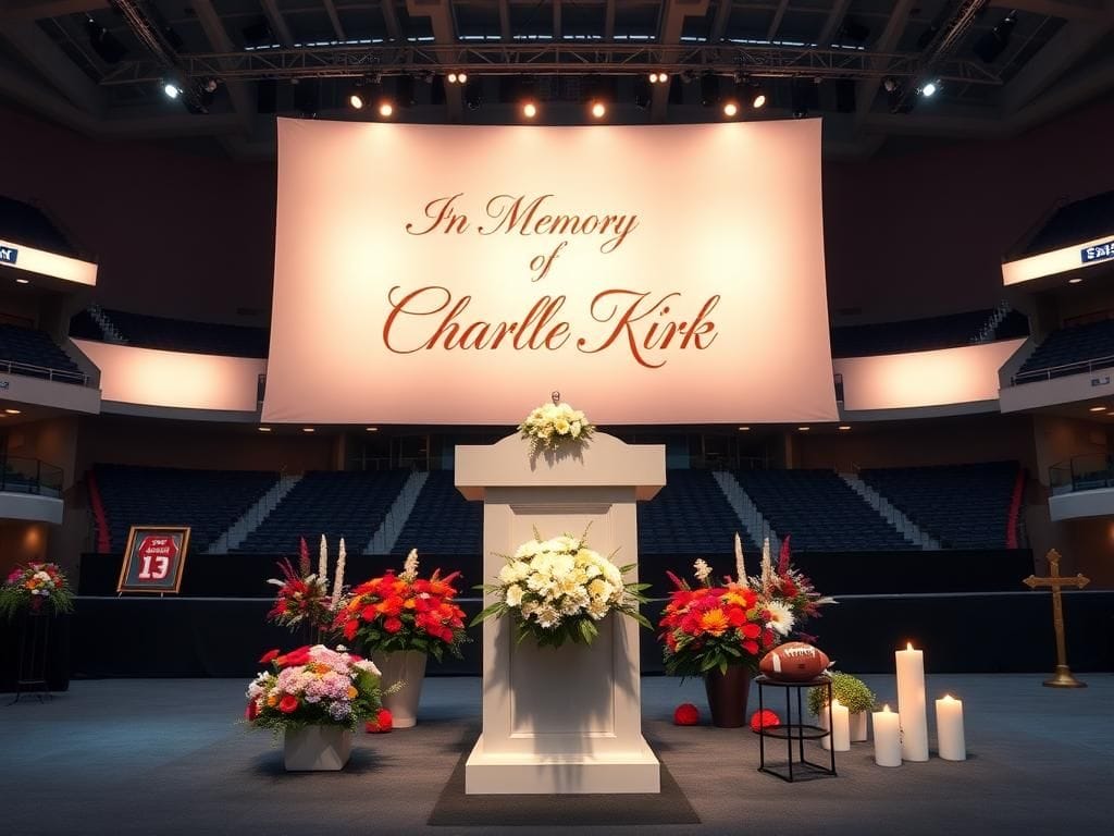 Flick International Expansive view of a memorial setup honoring Charlie Kirk with floral arrangements and tribute banner