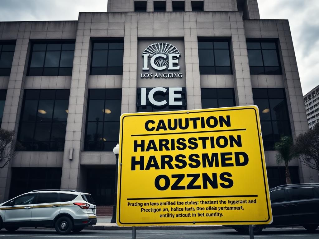 Flick International Entrance of a federal building in Los Angeles featuring an ICE logo and a cautionary sign